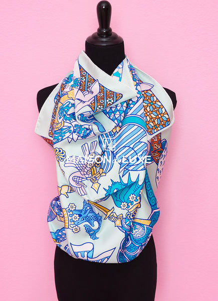 Hermes Duels Oniriques Silk Scarf in Emeraud / Bleu Vif For Sale