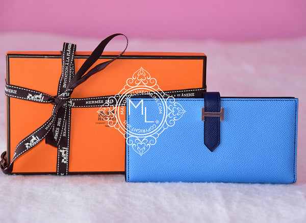 Hermes Bi-Color Blue Paradise/Blue Saphir Epsom Leather Bearn Gusset Wallet  - Yoogi's Closet