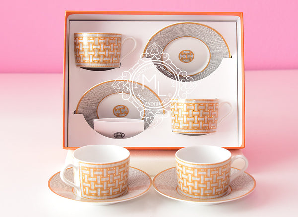Hermes Mosaique Au 24 Gold Teapot Set of 4 Cup Saucer New w/Box – Mightychic