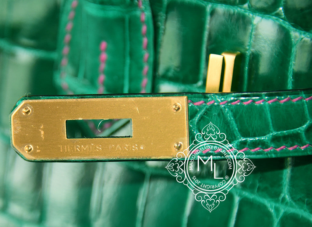 Hermès Birkin 25 Vert Emeraude Diamond buckle Crocodile Porosus Lisse  Palladium Hardware PHW