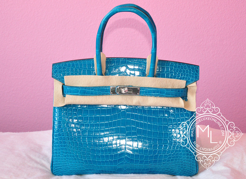 Hermes Mykonos Blue Crocodile Gold Birkin 25 Handbag Kelly Bag
