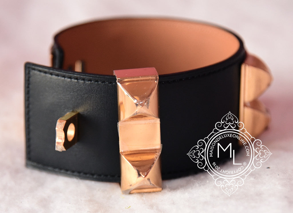 Hermes Black Madame Leather Rose Gold Plated Collier de Chien 24 Bracelet  Size 2 - Yoogi's Closet
