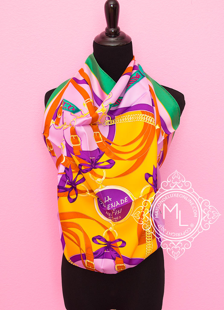 Hermes Purple Jaune Twill Silk 90 cm La Promenade du Matin Scarf