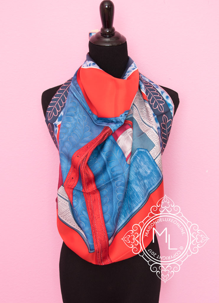 Hermes Red Blue Twill Silk 90 cm Selle d'Officier en Grande Tenue Scarf