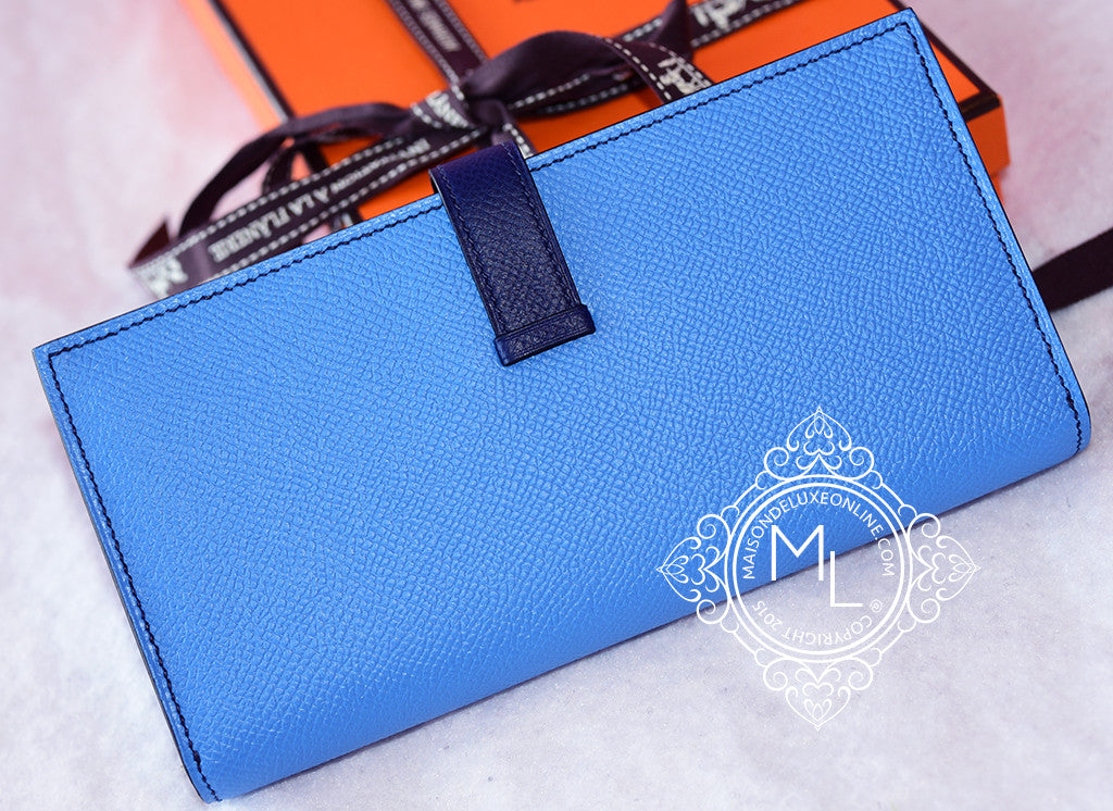 Hermes Bi-Color Blue Paradise/Blue Saphir Epsom Leather Bearn Gusset Wallet  - Yoogi's Closet