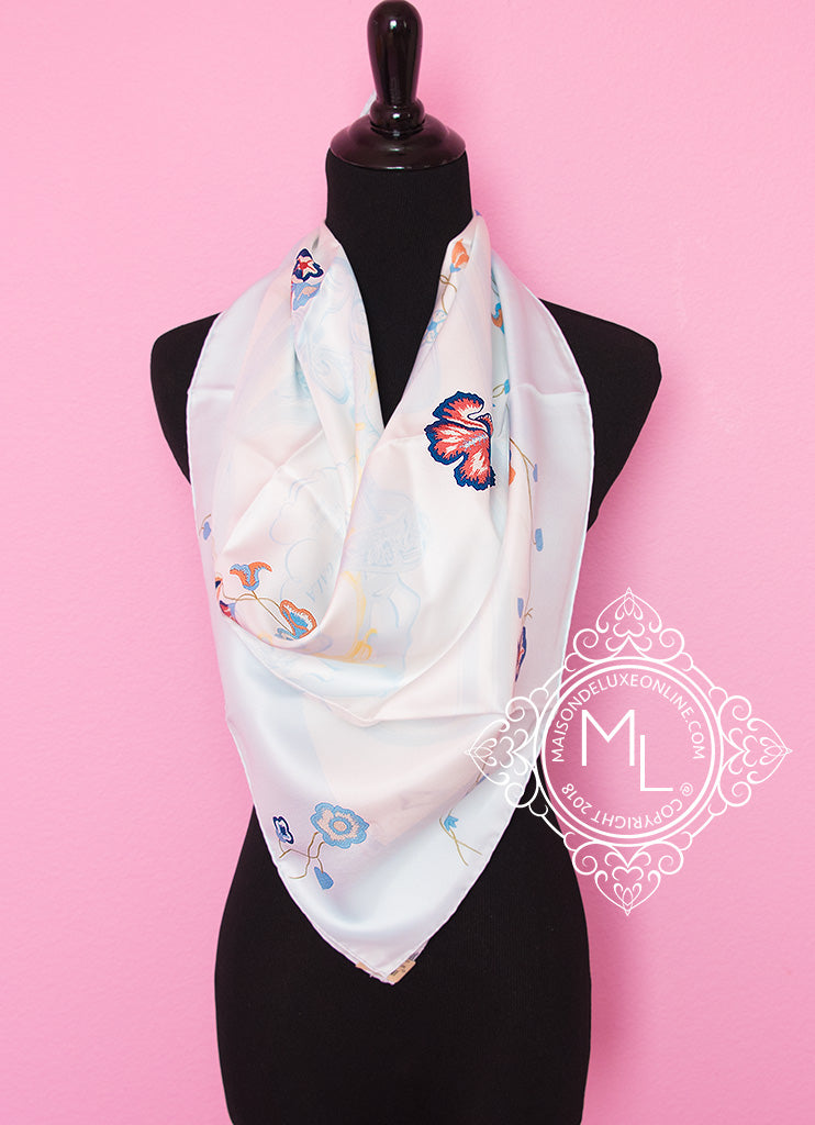 Hermes Blue Twill Silk 90 cm Brides Fleuries Scarf