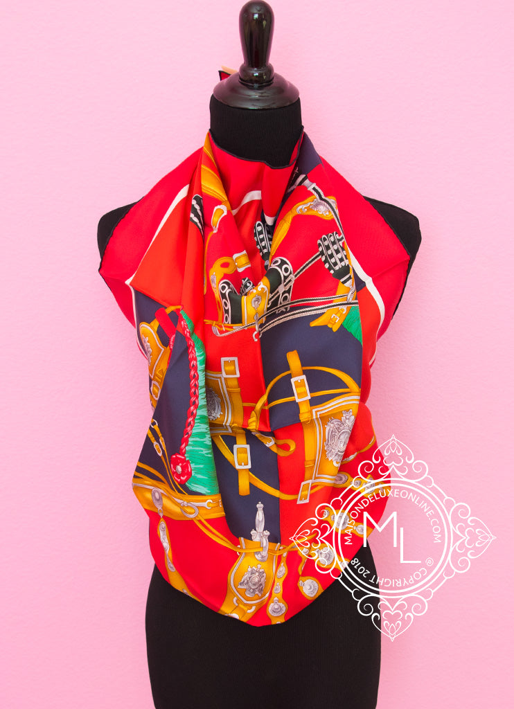 Hermes Red Twill Silk 90 cm Harnais de Cour Scarf