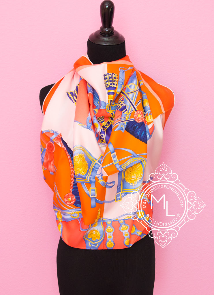 Hermes Orange Twill Silk 90 cm Harnais de Cour Scarf