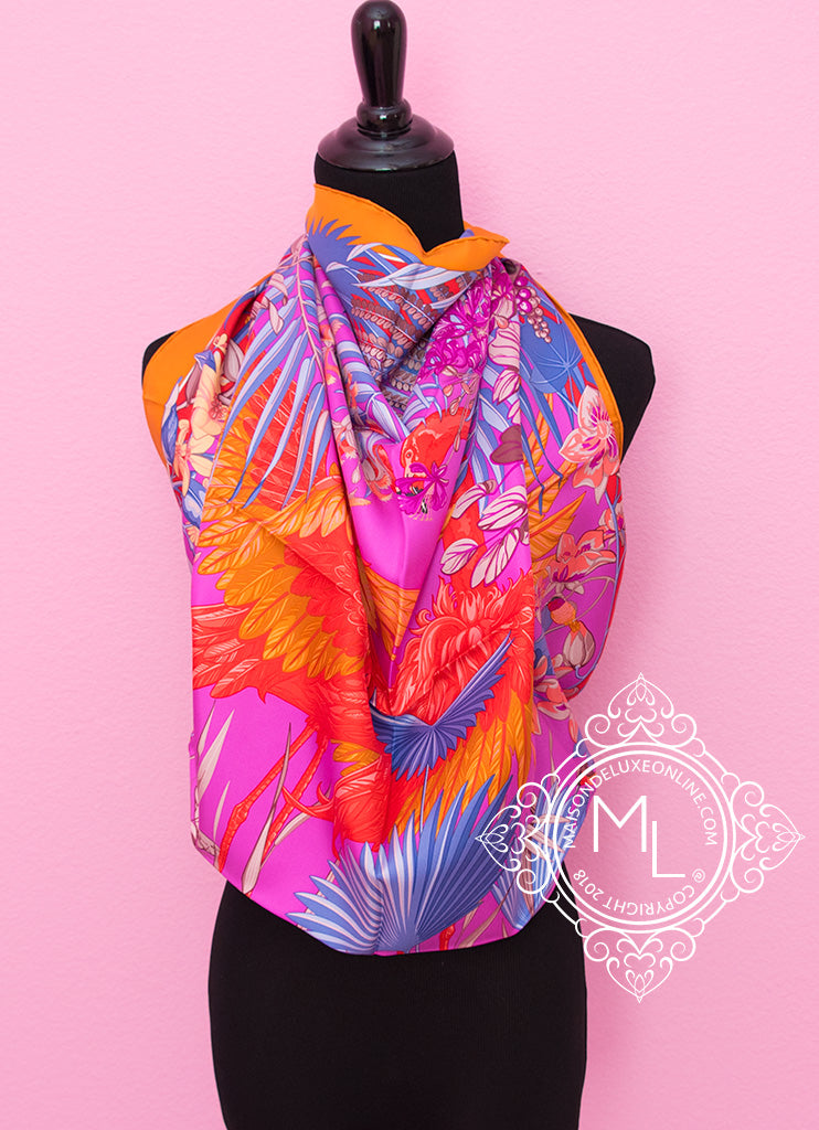 Hermes Potiron Twill Silk 90 cm Flamingo Party Scarf