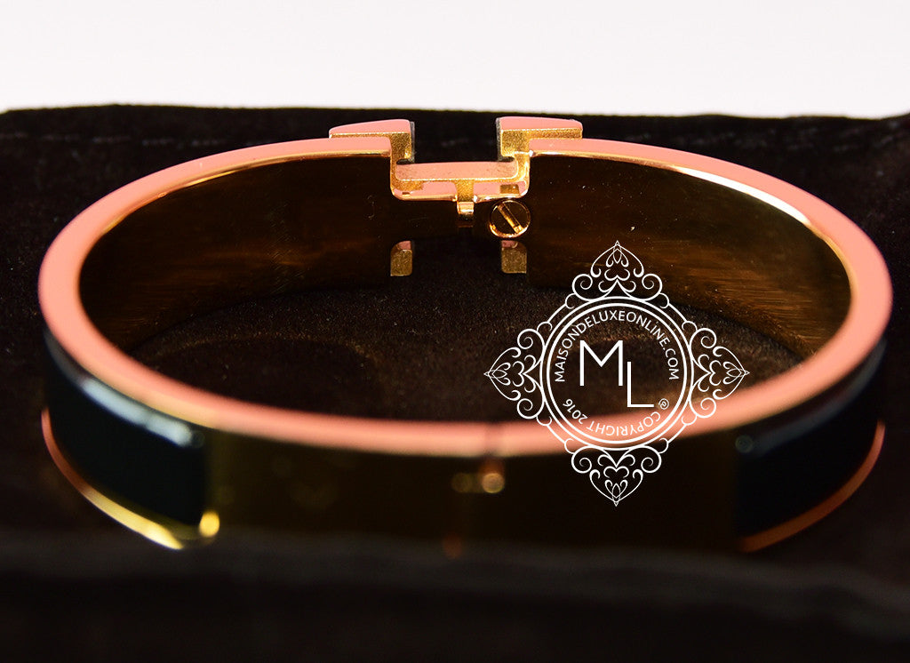 Shop HERMES Clic H bracelet PM Rose Gold / Black by CHARIOTLONDON