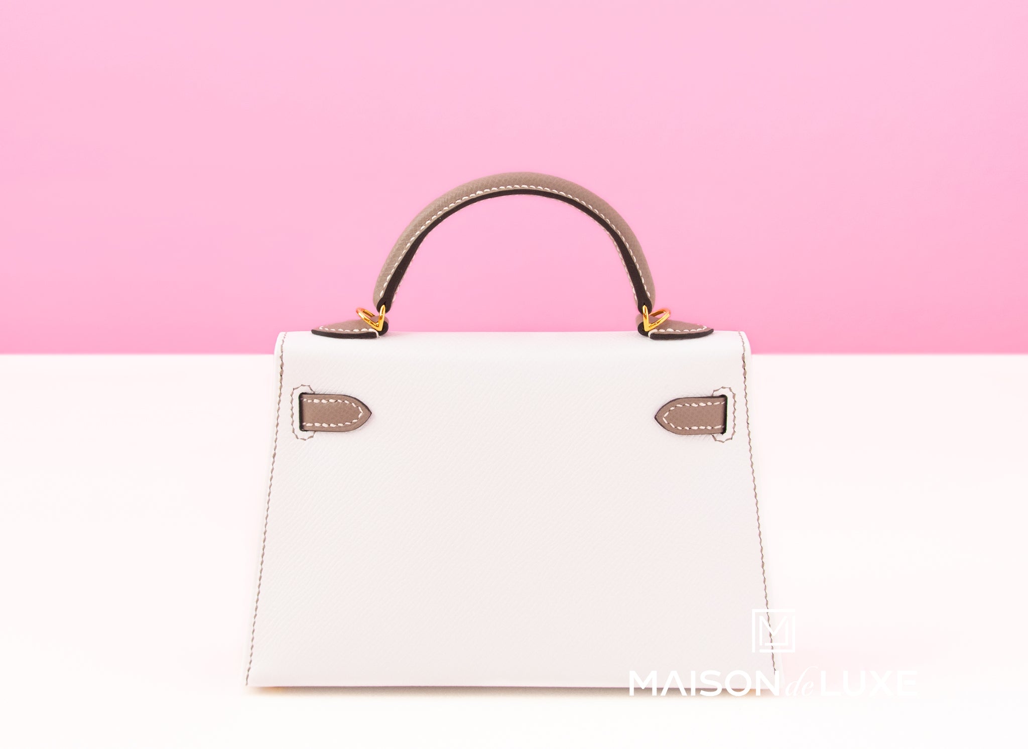 Top Grain Leather Inspired Bi-Color Mini Kelly Bag White