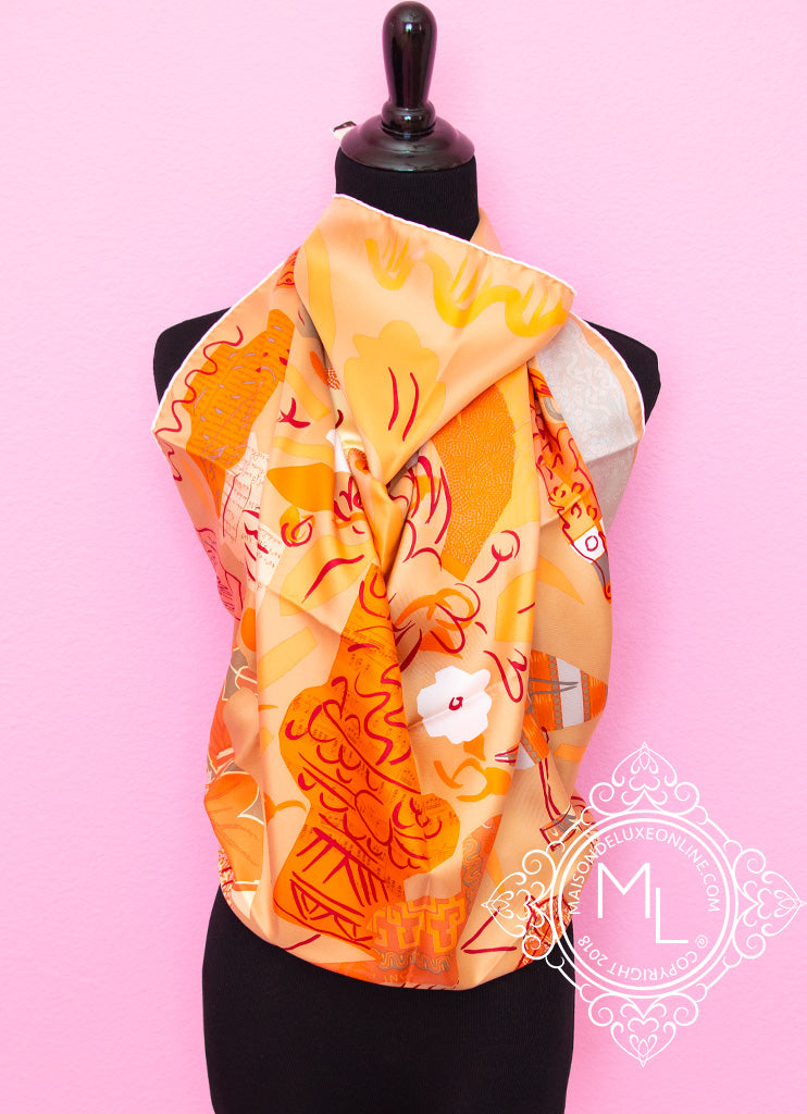 Hermes Orange Twill Silk 90 cm La Maison des Oiseaux Parleurs Scarf