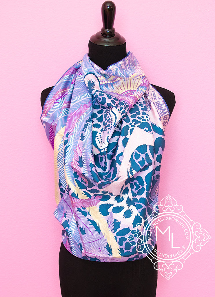 Hermes Purple Twill Silk 90 cm Jaguar Quetzal Scarf