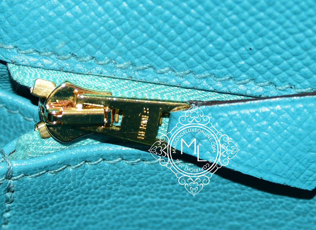 Hermès Kelly 25 Bleu Paon Sellier Epsom Gold Hardware GHW X Stamp