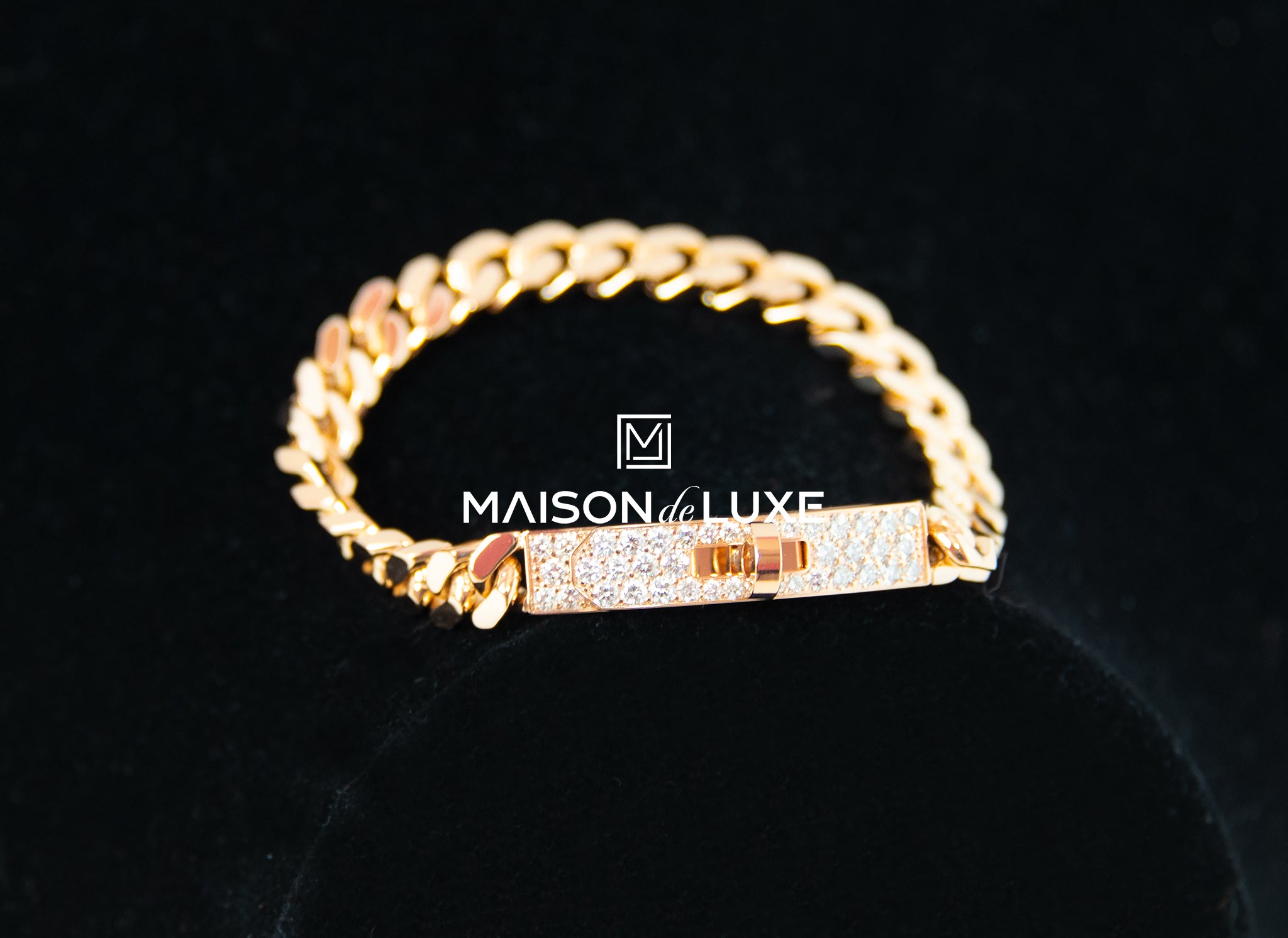 Hermes 18K Rose Gold Diamond PM Kelly Chaine Bracelet LG