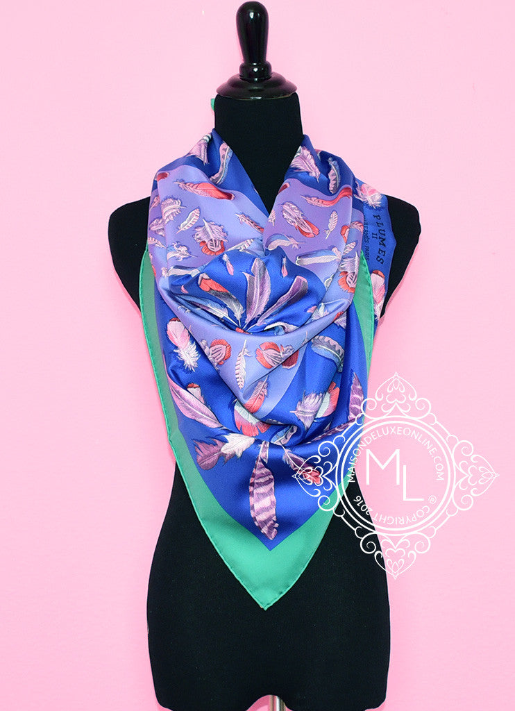 Hermes Royal Blue Lavender Twill Silk 90 cm Plumes II Scarf