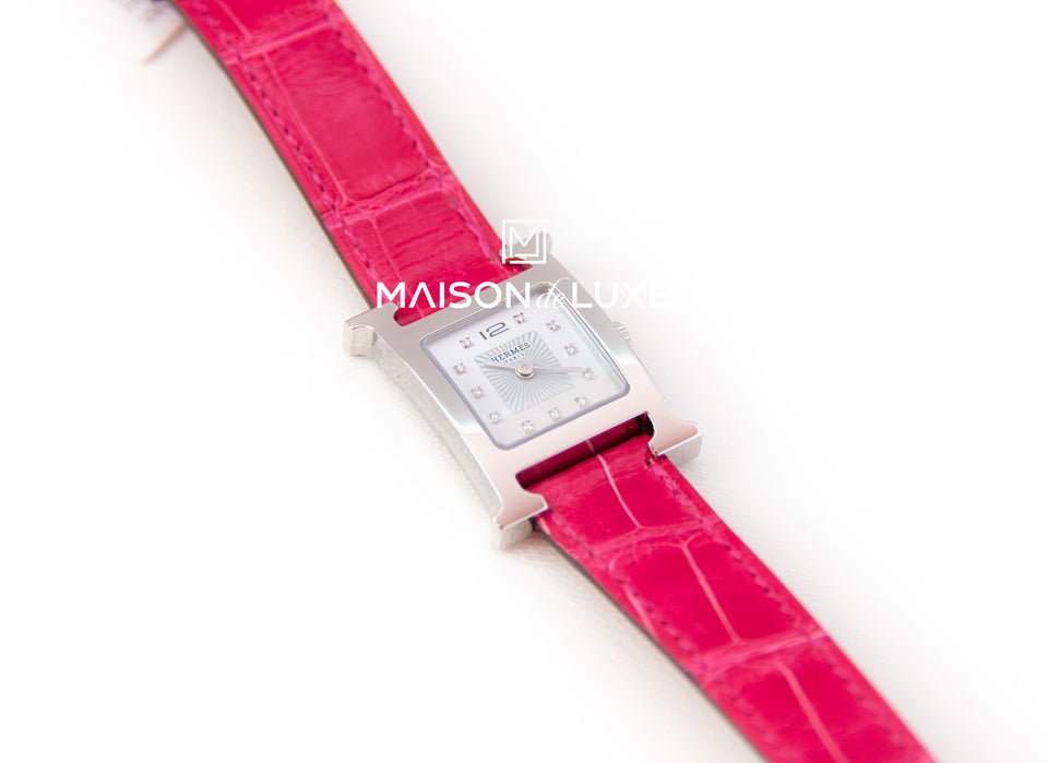 Hermes Diamond H Hour Heure Watch Raspberry Crocodile Strap