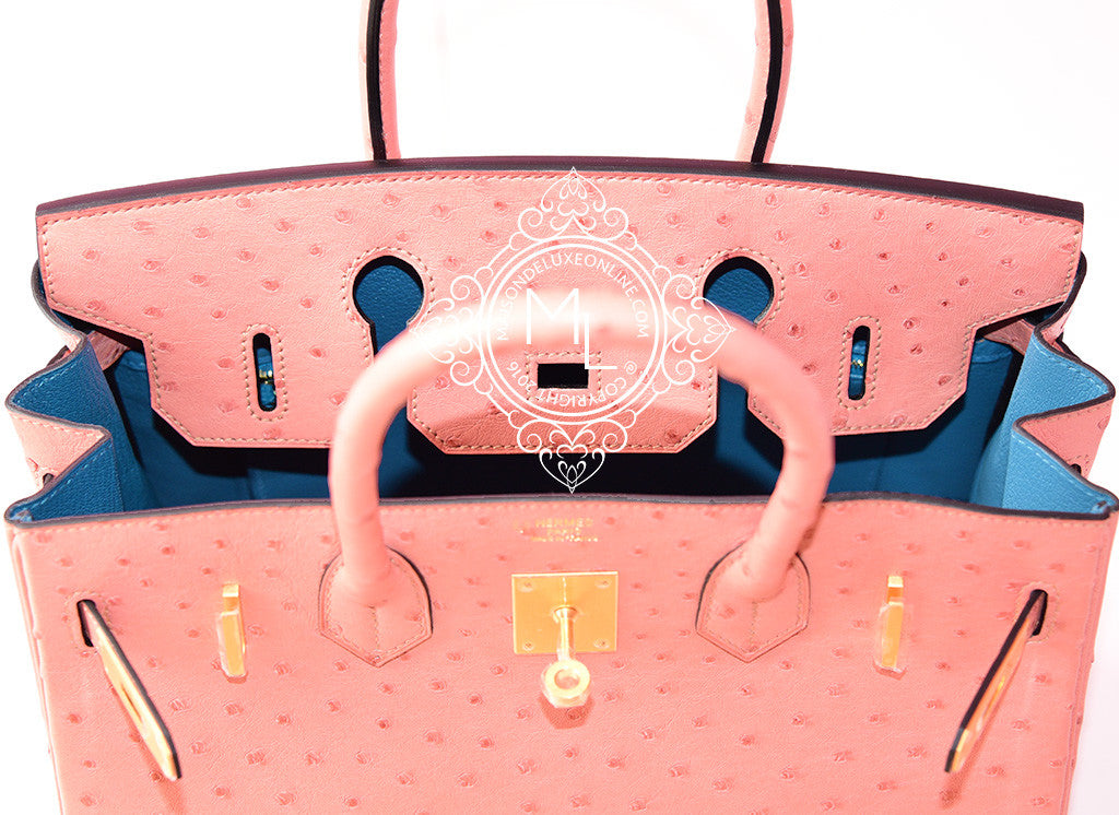 Hermes Pink Terre Cuite + Cobalt Blue Special Order Ostrich Birkin 30  Handbag - MAISON de LUXE