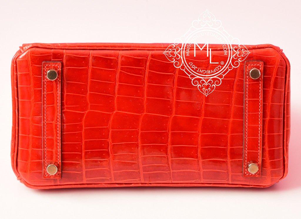 Hermes Geranium Red Crocodile Gold Birkin 25 Handbag Kelly