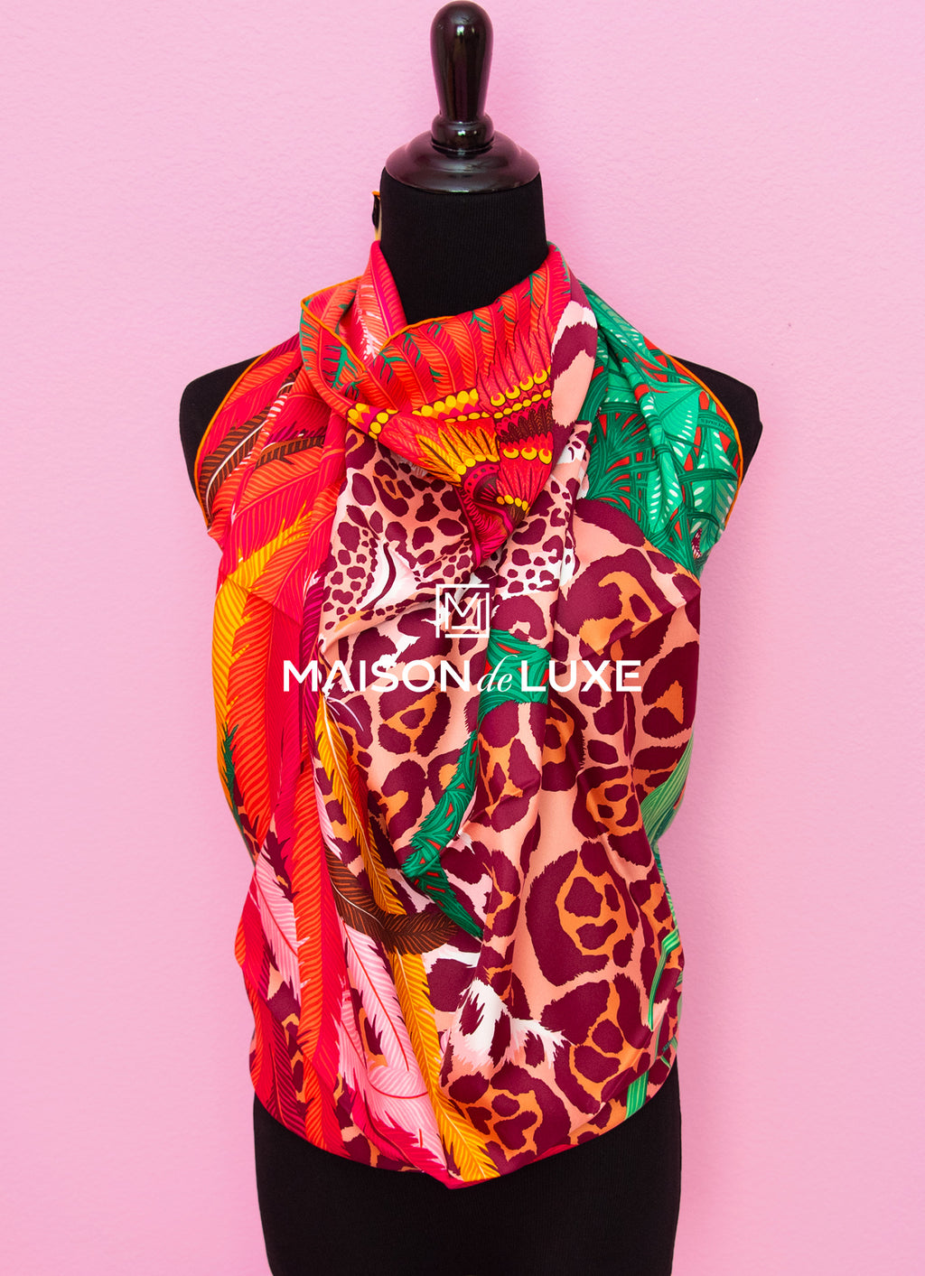 Hermes "Jaguar Quetzal" Fuchsia Twill Silk 90 cm Scarf