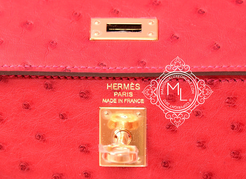 Hermès Kelly 25 Tangerine/Rouge Vif Ostrich Brushed Gold Hardware