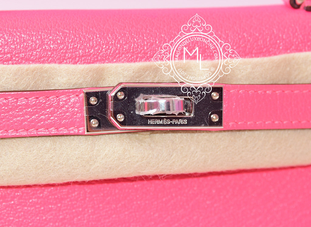 Hermès Kelly Rose Lipstick Chèvre Mysore Mini II 20 Palladium Hardware, 2017 (Very Good), Pink Womens Handbag