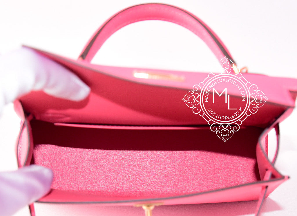 Hermès Kelly Rose Lipstick Chèvre Mysore Mini II 20 Palladium Hardware, 2017 (Very Good), Pink Womens Handbag