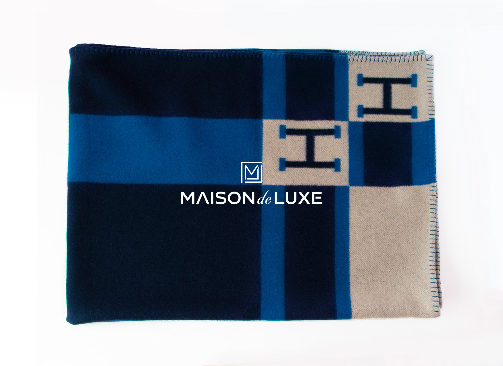 H Cashmere Home Bayaderen de MAISON – Throw LUXE Hermes Blanket Marine Avalon Wool Blue