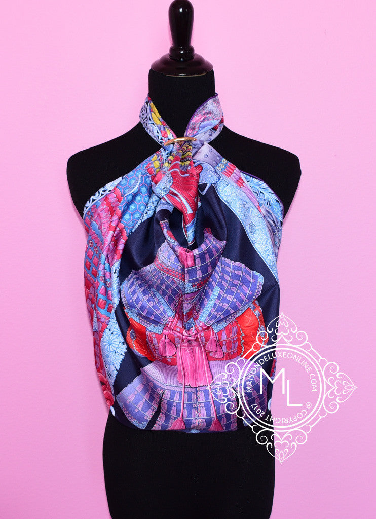 Hermes Pink Blue Twill Silk 90 cm Parures De Samourais Scarf