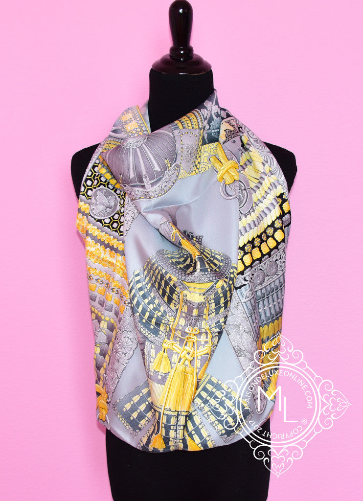 Hermes Yellow Grey Twill Silk 90 cm Parures De Samourais Scarf