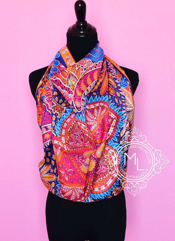 Hermes Iris Fuchsia Twill Silk 90 cm Le Jardin de la Maharani Scarf