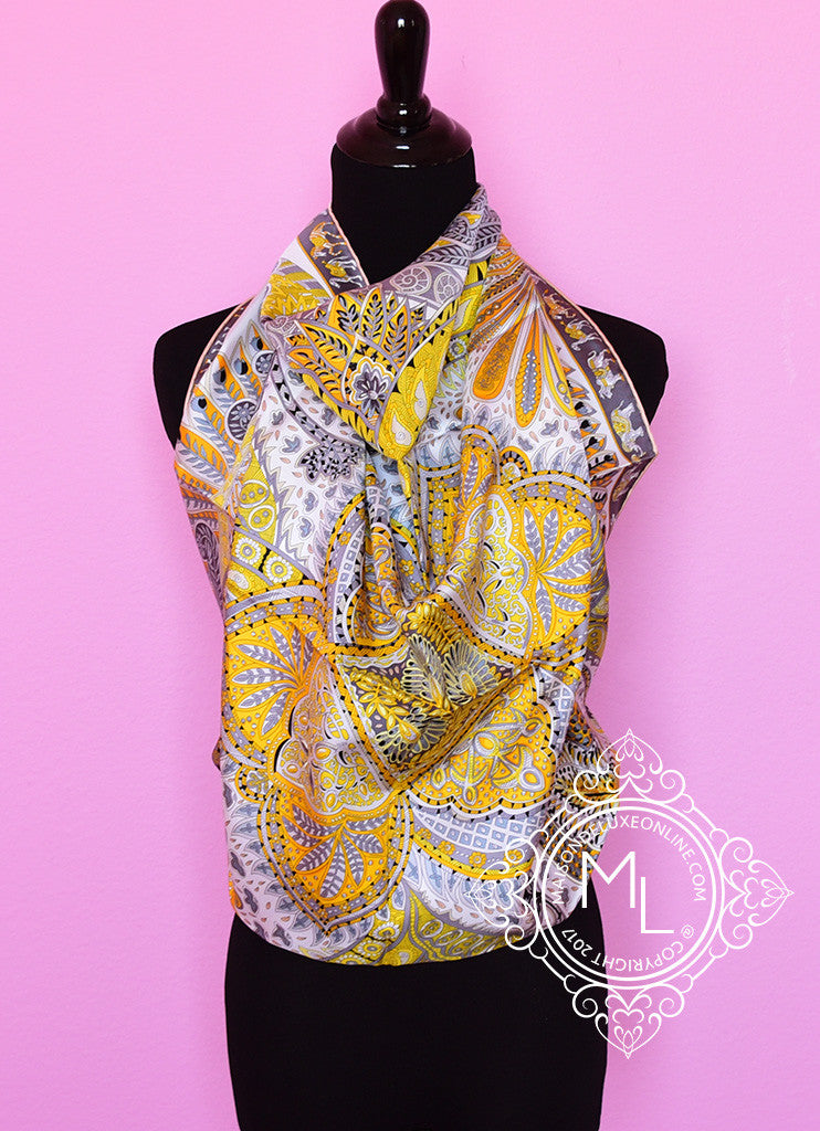 Hermes Yellow Gray Twill Silk 90 cm Le Jardin de la Maharani Scarf