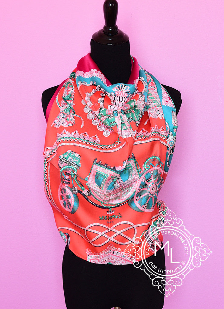 Hermes Corail Fuchsia Twill Silk 90 cm Paperoles Scarf