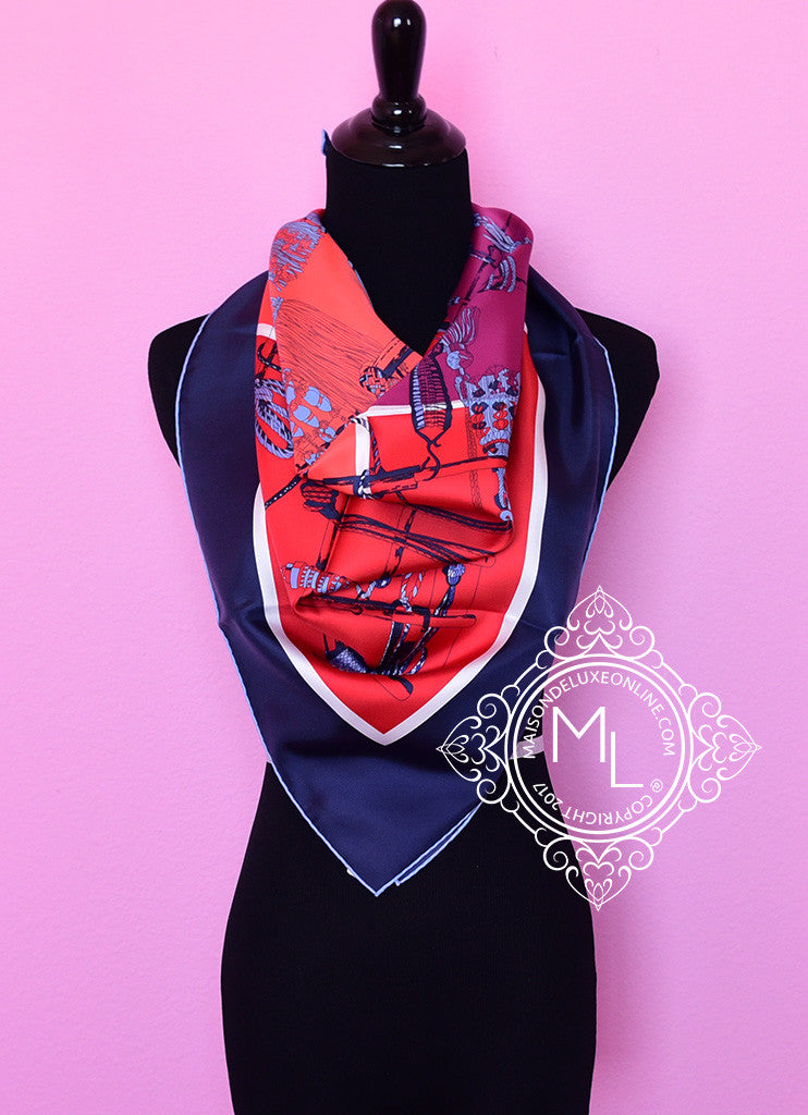 Hermes Blue Red Twill Silk 90 cm Passementerie Quadri Scarf