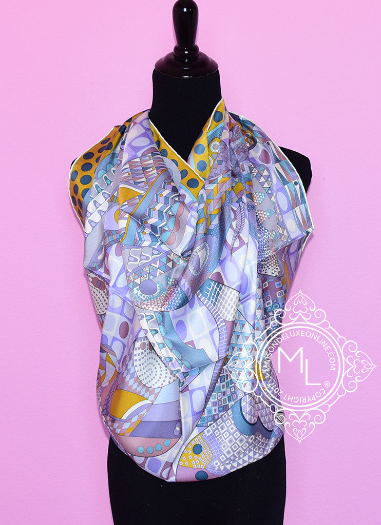 Hermes Purple Jaune Twill Silk 90 cm Les Ailes de la Soie Scarf