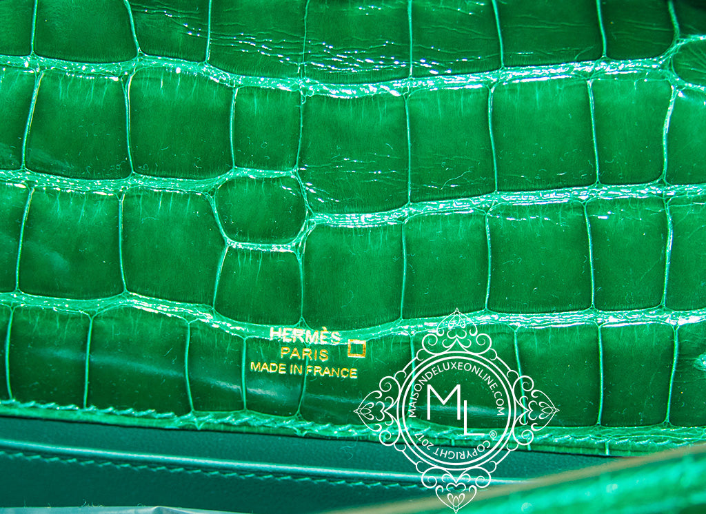 Hermes Mini Kelly 22 Pochette Bag ck67 Vert Fonce Shiny Nile Croc PHW