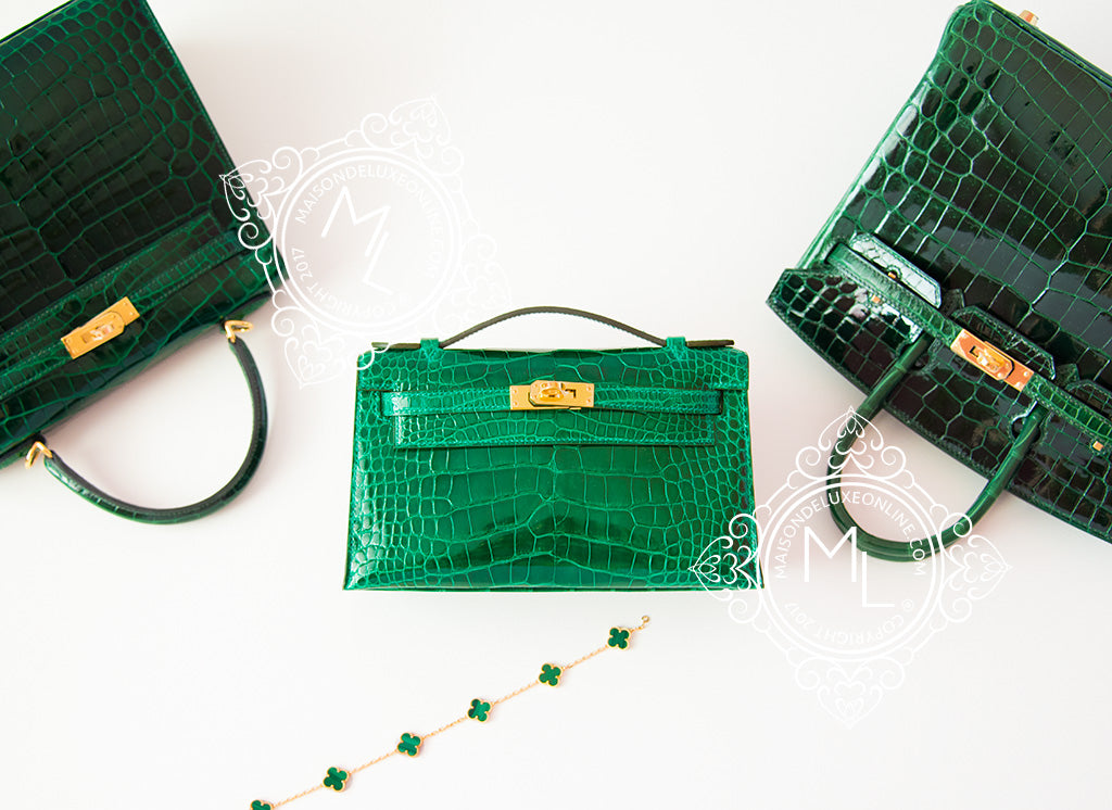 Hermès Mini Kelly 20 (Horseshoe) handbag strap in esmerald green alligator,  GHW